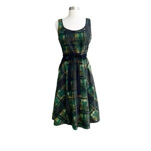 Anthropologie Maeve Dress 0 Green Painted Plaid Fit & Flare Belt Petticoat Swift
